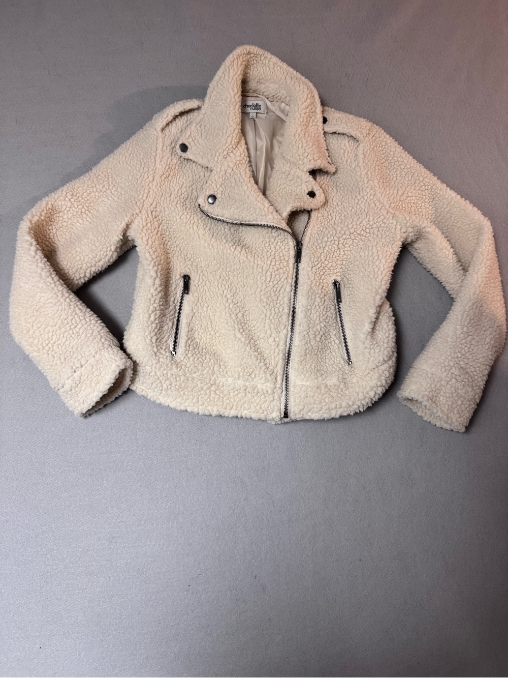 Y2K Charlotte Russe Cream Teddy Sherpa Moto Jacket Small